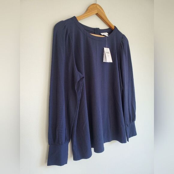 J. Jill Navy Blue Blouse With Long Sleeves And Shell Buttons Size Medium Petite - Picture 6 of 10